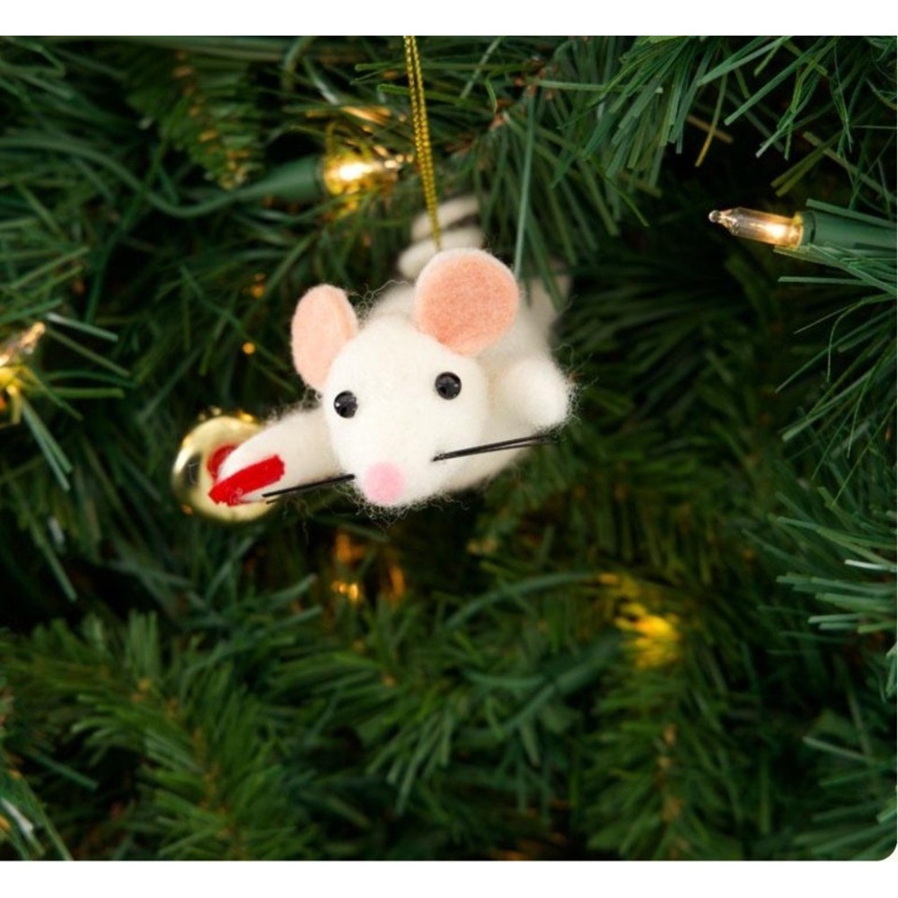 Cracker Barrel Felt Mouse with Bell Christmas Ornament White Holiday Tree Decor